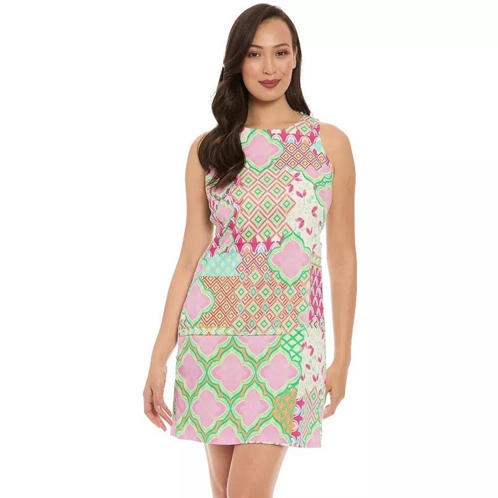 London Times Medallion Patchwork Sateen Shift Mini Dress Women's 12 NWT